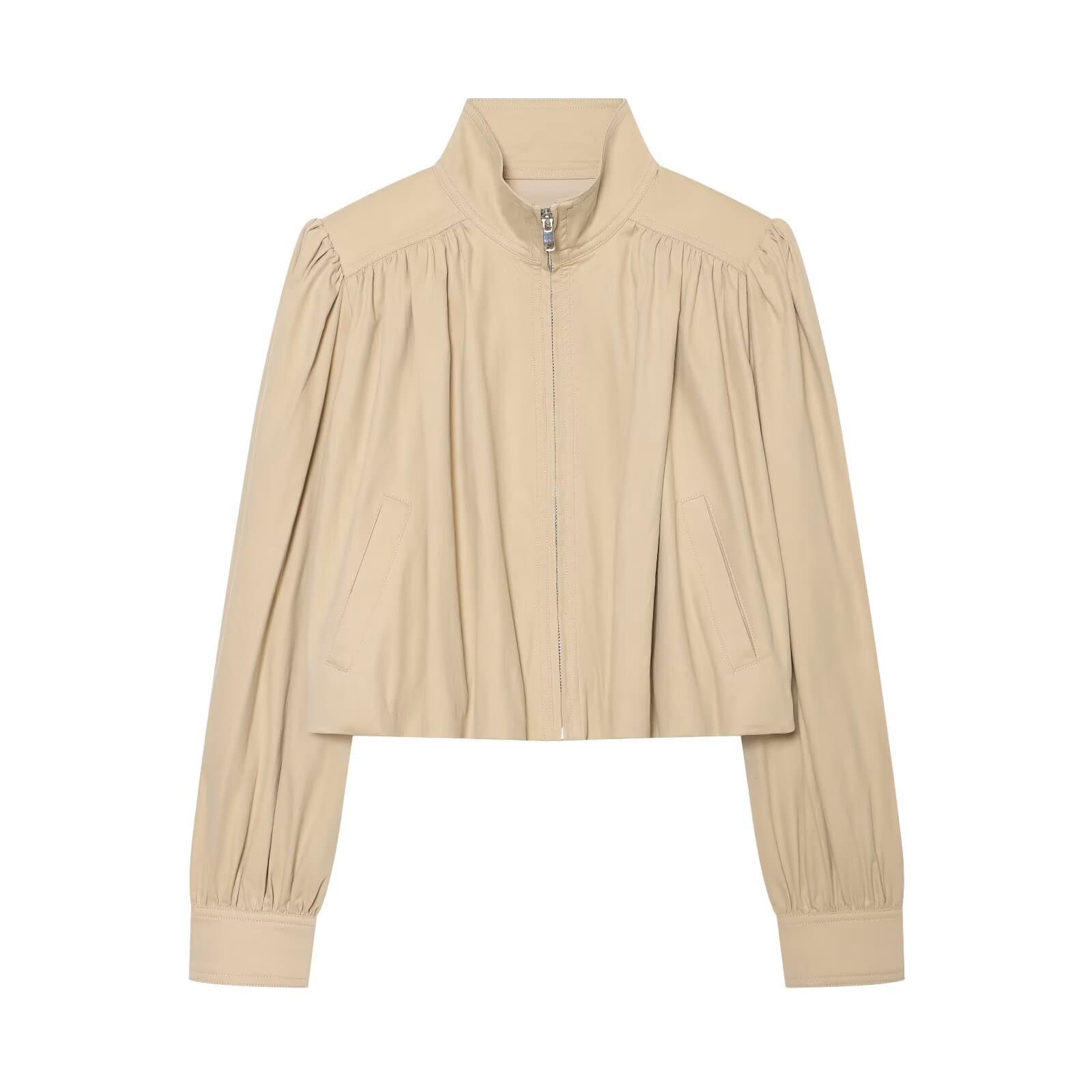 Cross-border Women's Clothing Wholesale 2026 Spring New French Puff Sleeve Stand Collar Zipper Short Jacket UWG160