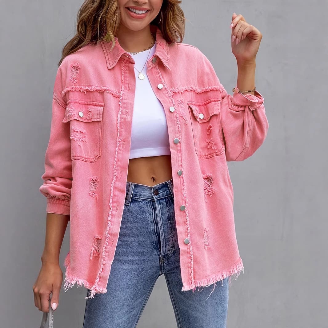 Cross-border 2025 European and American Denim Jacket Women Solid Loose Fit Jacket Ripped Fashion Long Sleeve Women's Denim Shirt