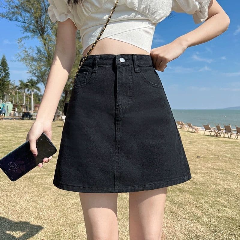 Retro Black Denim High-Waist Slim A-Line Skirt Women Hot Girl Summer Thin Petite Butt-Hugging A-Line Short Skirt