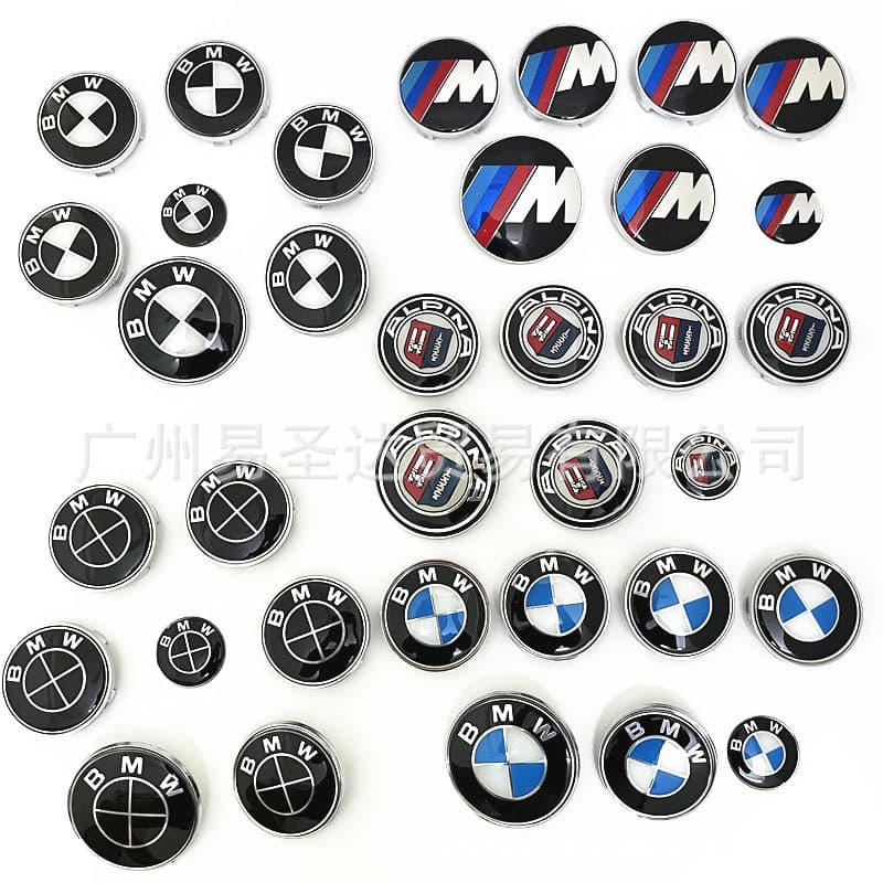 7-Piece BMW Emblem Set with Epoxy Coating: Front Badge, Wheel Hub Caps, Steering Wheel Decal, Rear Badge - Blue-White, Black-White