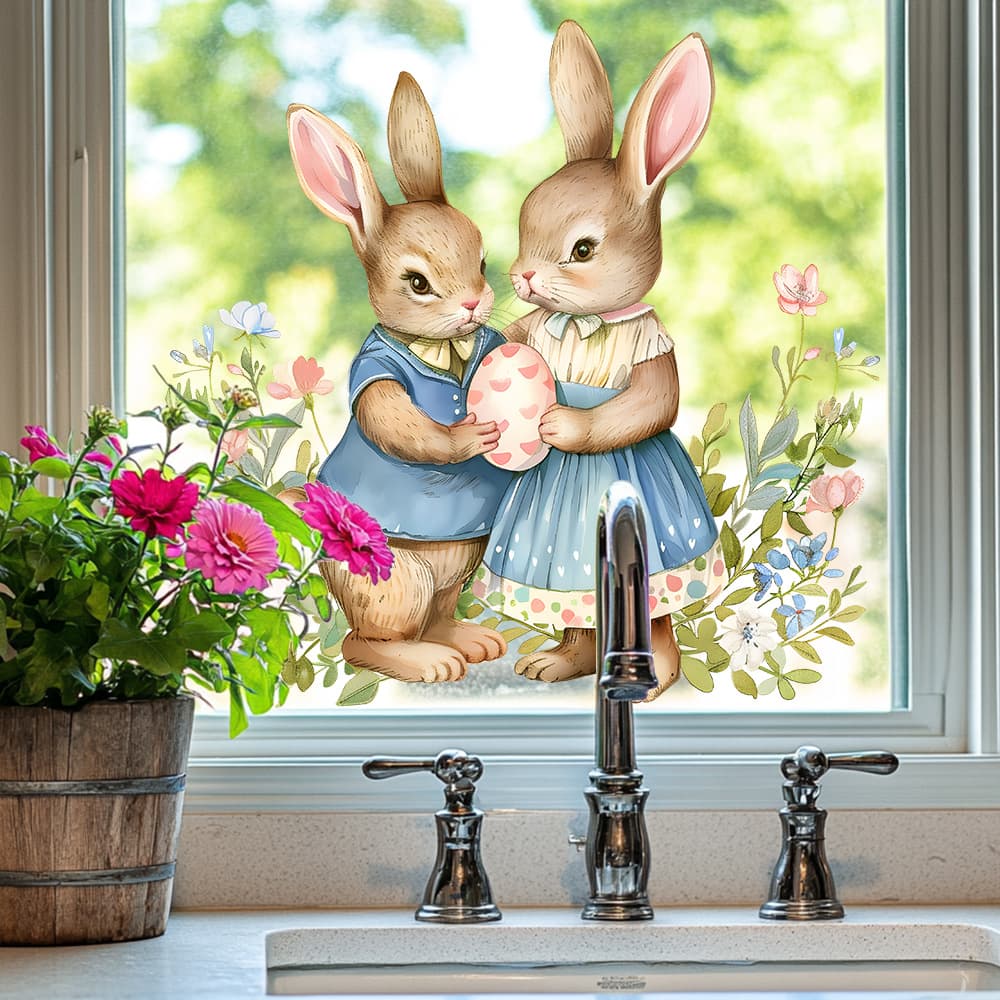 AD33221-Cartoon hand-painted rabbit couple window stickers holiday scene decoration decoration stickers
