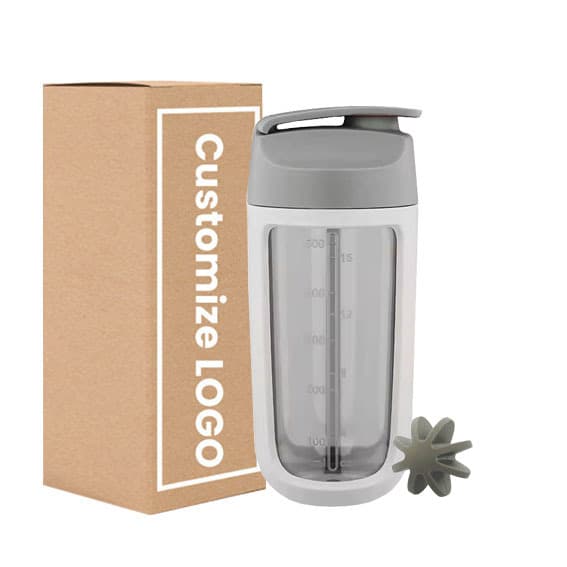 Customizable 400ml protein powder shaker bottle with measurements, plastic mixing cup for fitness and sports shakes