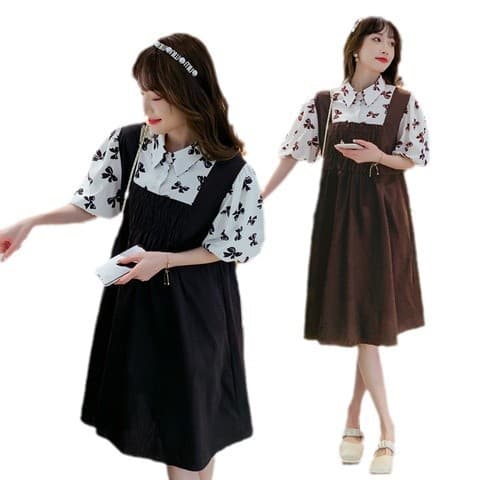 2024 Summer New Maternity Dress for Women Loose Slimming Stylish Fake Two-Piece Lantern Sleeve Long Baby Doll Dress