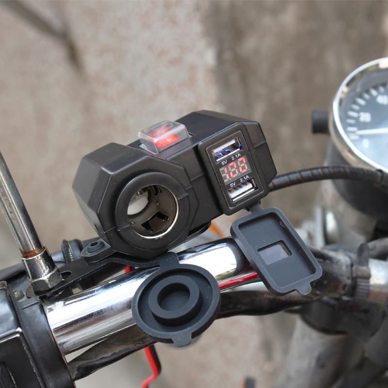 Motorcycle Cigarette Lighter Dual USB Car Charger Waterproof with Fuse Box Voltage Display for Vehicle Fast Charging Mobile Phone
