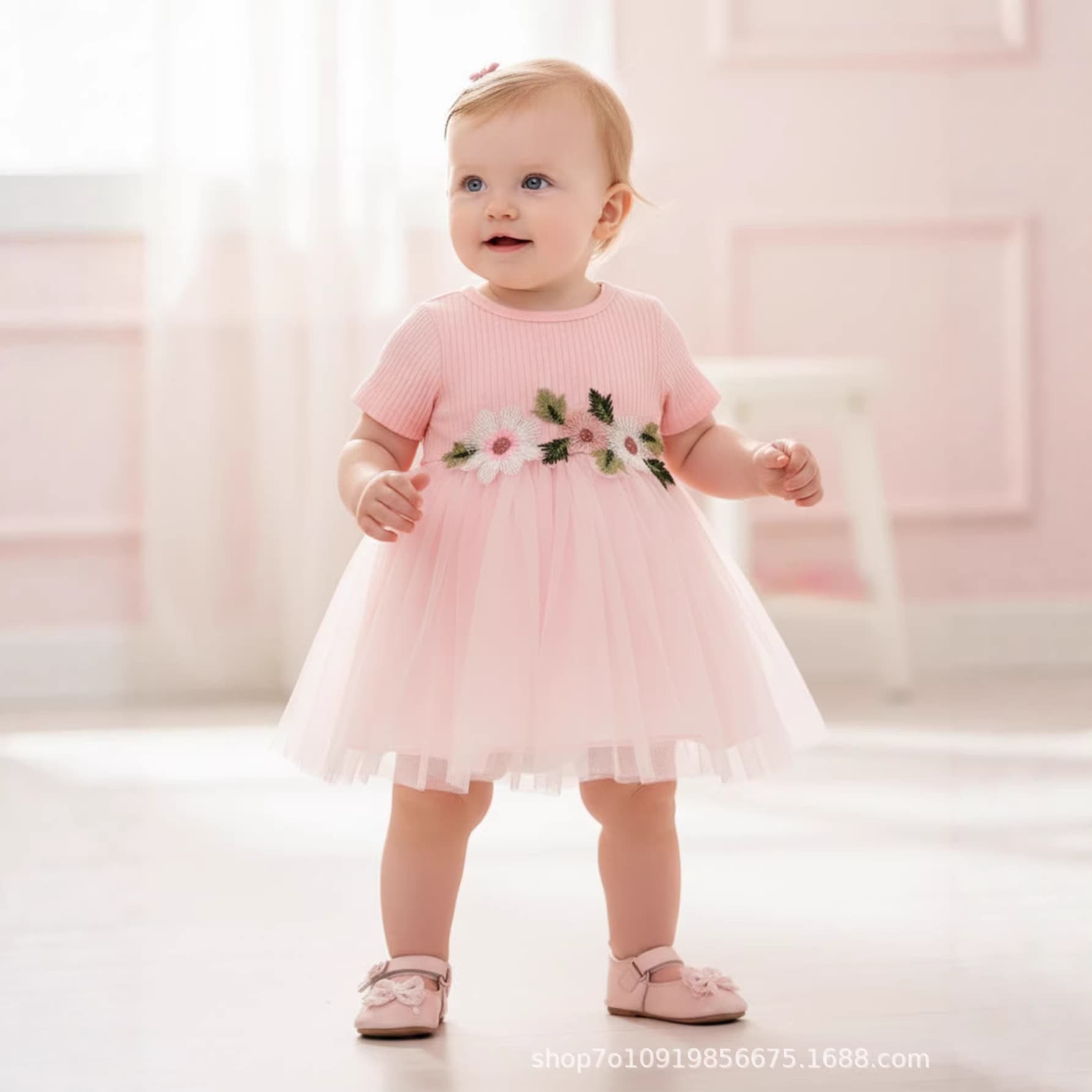 Baby Girl Pink Ribbed Short Sleeve Dress with 3D Flower Decor Tulle Tutu Skirt Daily Party Dress