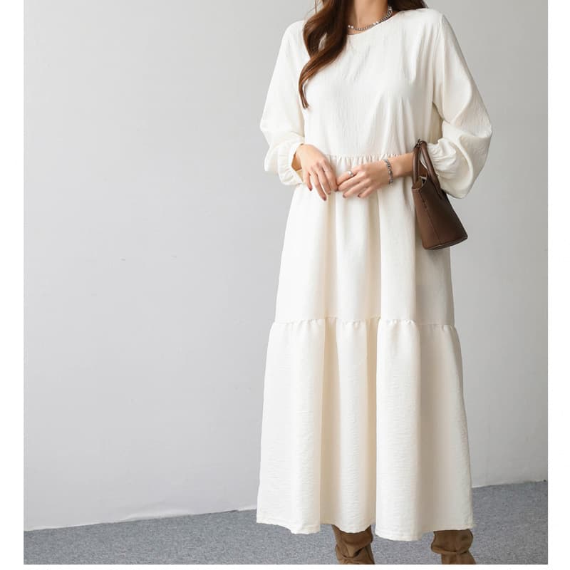 Japan-Korea Cross-Border Trade Round Neck Long Sleeve Flared Dress Plus Size Women's Solid Loose Fitting Long Dress