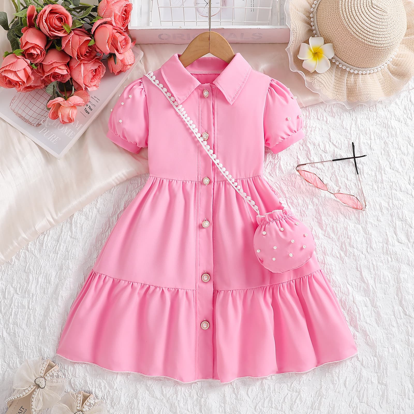 Girls Dress Summer 2026 New Children's Western Style College Style Little Girl Cotton Puff Sleeve Princess Dress