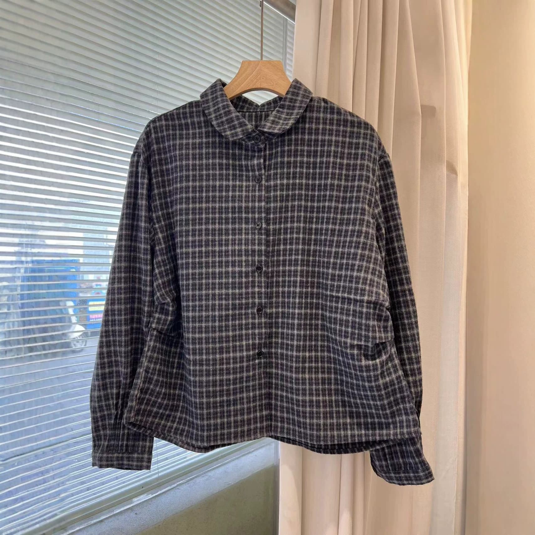 American Retro Classic Plaid Shirt Blue Casual Long-Sleeve Blouse for Women Spring Autumn Versatile Loose Checkered Coat