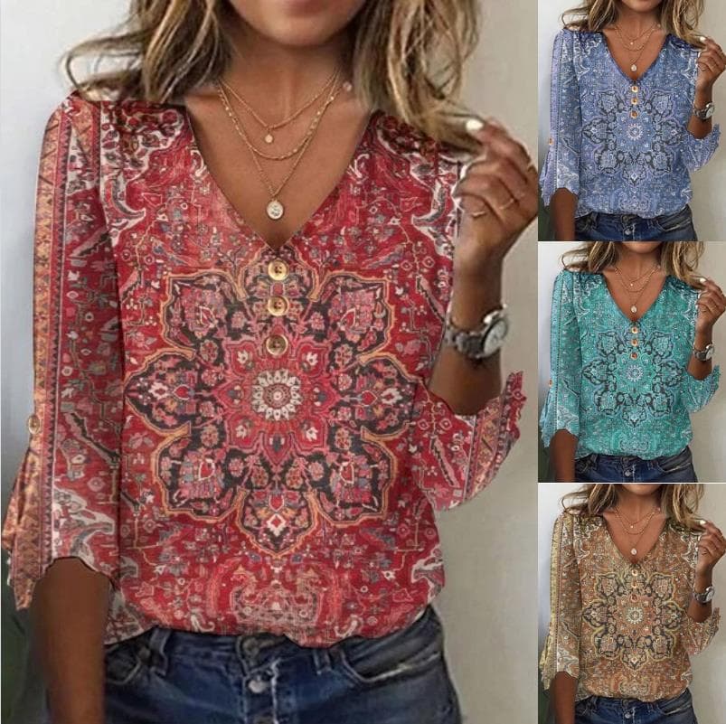 Cross-Border European and American Clothing 2023 Autumn New Amazon Wish AliExpress V-Neck Trumpet Sleeve T-Shirt Top