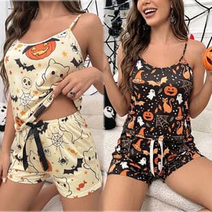 Cross-Border Export Halloween Pajamas for Women, Holiday Pumpkin Print, Spring/Summer Casual Loungewear, Sexy Camisole & Shorts Set