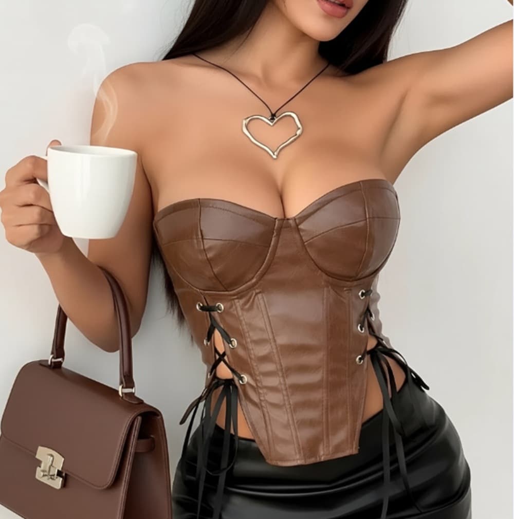 Cross-Border European and American New Arrivals, Personalized Trendy Low-Cut Off-Shoulder Fitted Waist Leather Back Hollow Tube Top Vest