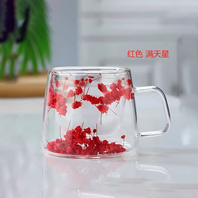 Trendy Real Flower Double-Wall Glass Cup High Appearance Gift High Borosilicate Double-Wall Milk Cup Dried Flower Coffee Cup