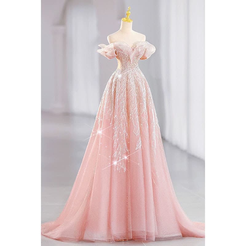 Dreamy Pink Princess Evening Gown for Women, High-End Light Luxury Unique Engagement Toast Dress, Long Slimming Bride Dress