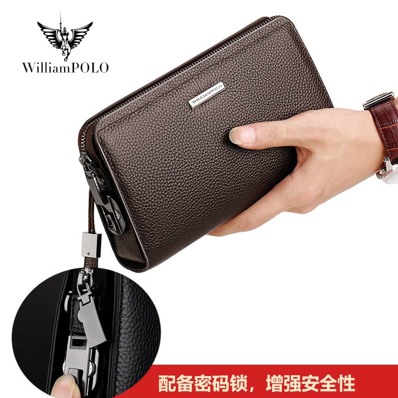 Yinghuang Paul Leather Handbag with Combination Lock, Men's Large Capacity Wristlet Clutch Wallet