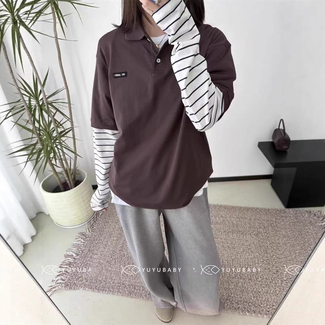 mm25 Autumn New Casual Versatile Letter Logo Fake Two-Piece Long Sleeve Round Neck T-Shirt for Women