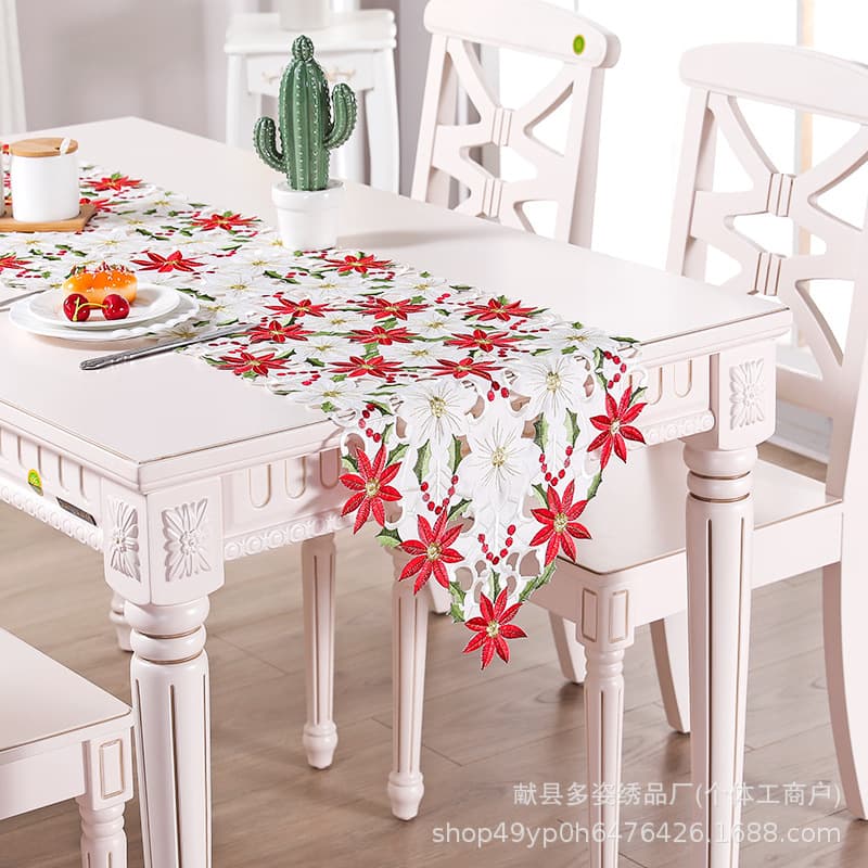Embroidered Christmas Holiday Theme Table Runner Lace Embroidery Table Runner Home Commercial Table Cover Christmas Holiday