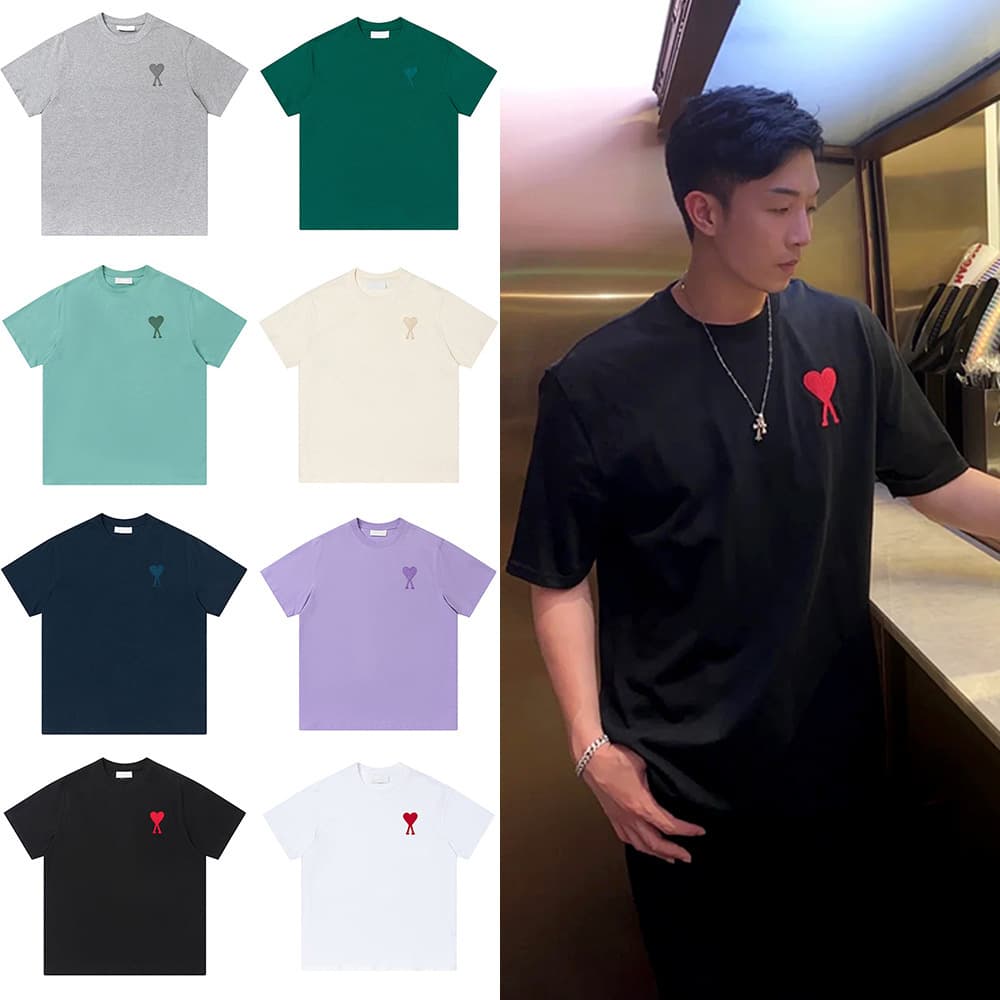 AMI Cross-border Wholesale Fashion Short Sleeve Classic Heart Embroidery T-Shirt Loose Cotton Men Women Couple Export