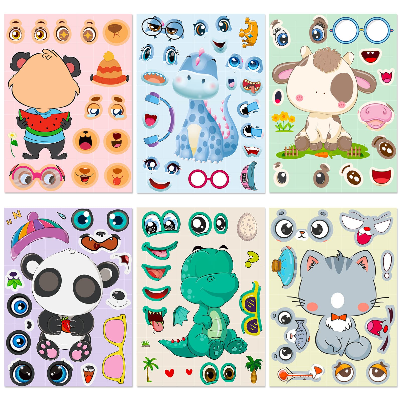 Hot-Selling Cross-Border 6 Sheets/Pack Small Animal Puzzle Stickers for Kids Early Education Face-Changing Stickers Baby DIY Early Education Puzzle Stickers