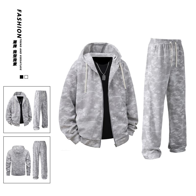 Free Shipping [Cross-border European Size] 2025 Spring/Autumn New Style American Dirty Cardigan Hoodie Distressed Set Men's Long Pants