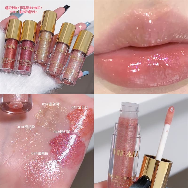 DIKALU Small Shaved Ice Sparkling Lip Gloss Mirror Lip Illumination Fine Shimmer Lip Gloss Transparent Lip Gloss Water Glow Lipstick Pure Desire