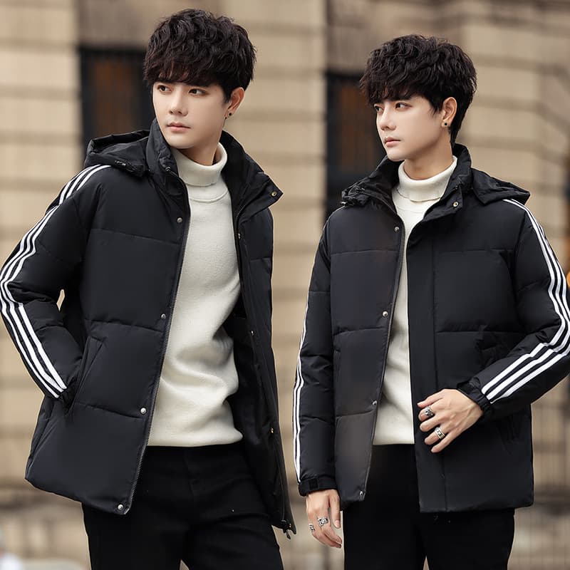 2026 short three-stripe down jacket Korean version thickened solid color sports down jacket for men and women black and white Adidas style