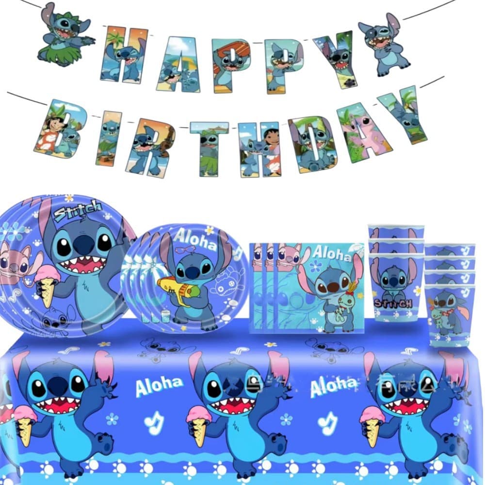 Stitch Birthday Party Supplies Blue Stitch Banner Set Kids Birthday Disposable Paper Plates Cups