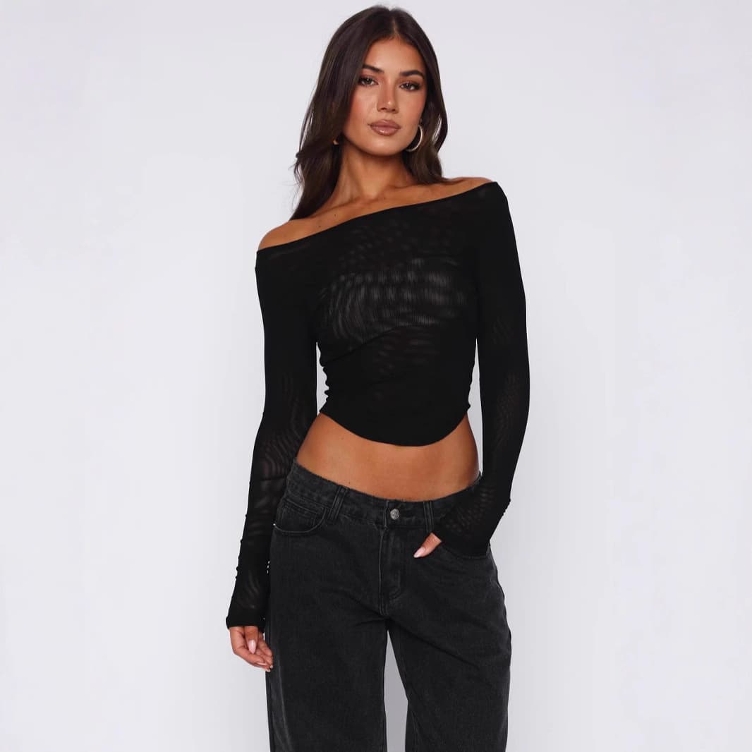 2025 European and American Style Sexy Women's Solid Color Off-Shoulder Long Sleeve Fitted Crop Top with Sheer Mesh