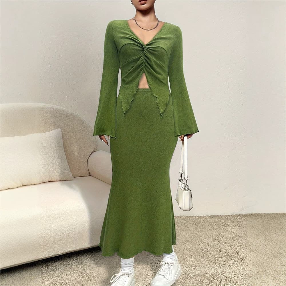 French Fashion Green Knit Set New Autumn Export Twisted Top and Skirt Two-Piece Commuter Women's Wear