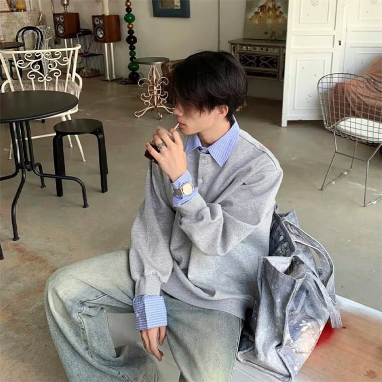 Faux Two-Piece Color-Block Shirt Collar Sweatshirt for Men and Women, Autumn Long Sleeve Turn-Down Collar Loose Couple Style Design Top