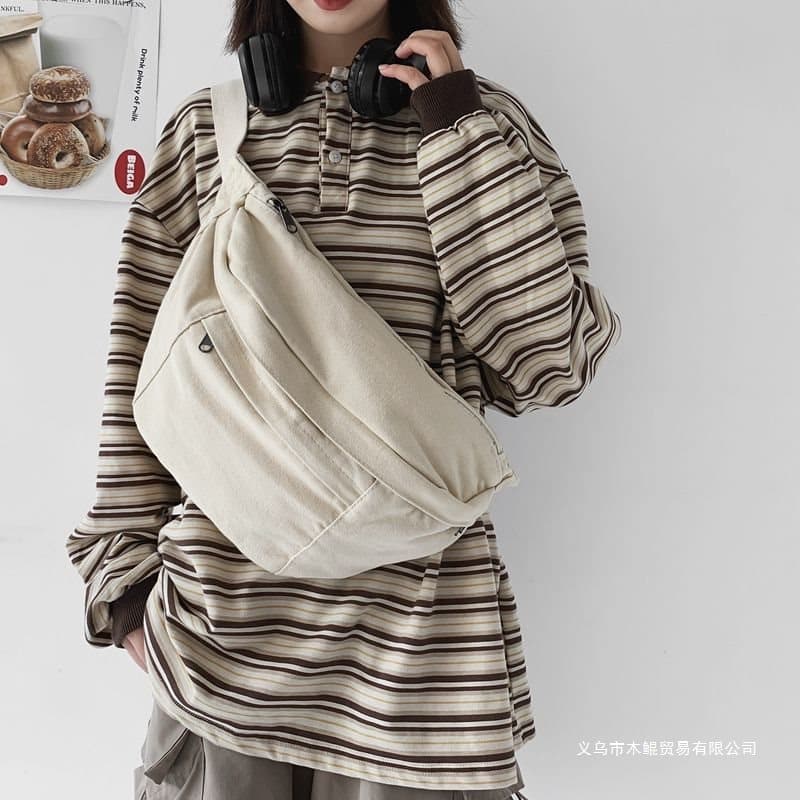 Hong Kong style retro canvas chest bag/waist bag, unisex, Japanese style, large capacity, fashionable, artistic, student, simple shoulder/crossbody bag