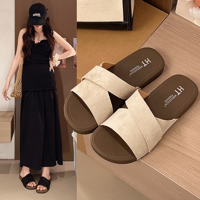 Vintage Hong Kong Style Women's Summer Slippers, Trendy French Versatile Soft Flat One-Strap Beach Sandals