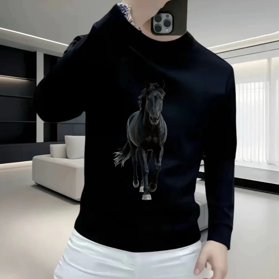 2025 autumn and winter new trendy horse print sweatshirt men's round neck handsome street personality plus velvet long-sleeved top