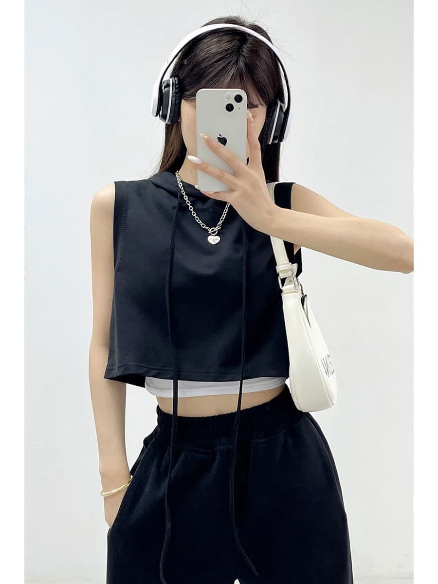 Street Snap Trendy Loose Hooded Drawstring Cropped Sleeveless T-Shirt, Hot Girl Pure Desire Style Casual Sport Top