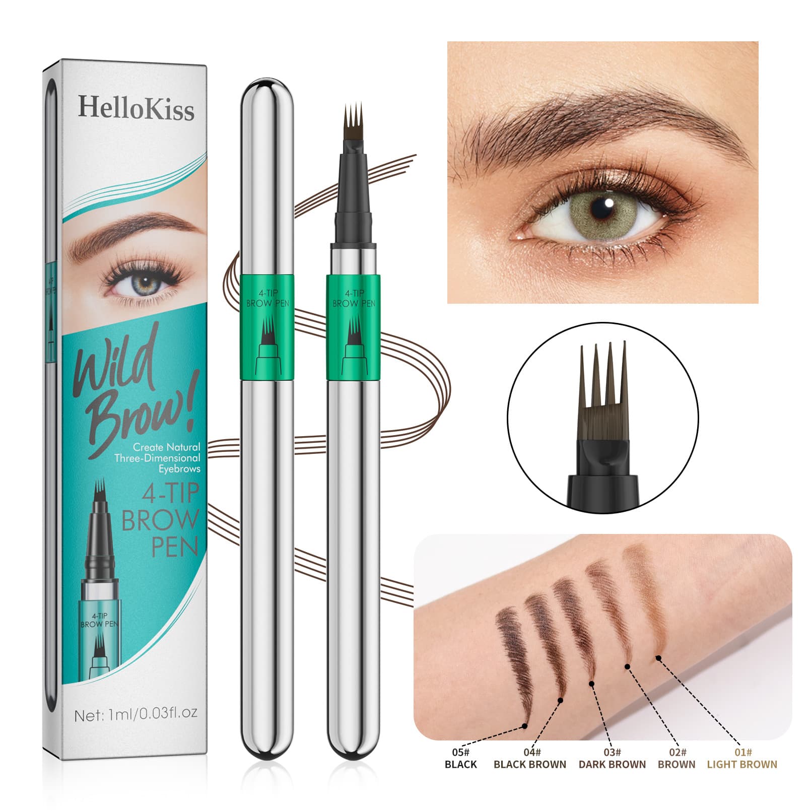 Cross-border New hellokiss Four-Prong Liquid Eyebrow Pencil Ultra-Fine Eyebrow Pencil Waterproof Smudge-Proof Brush Tip Water Eyebrow Pencil