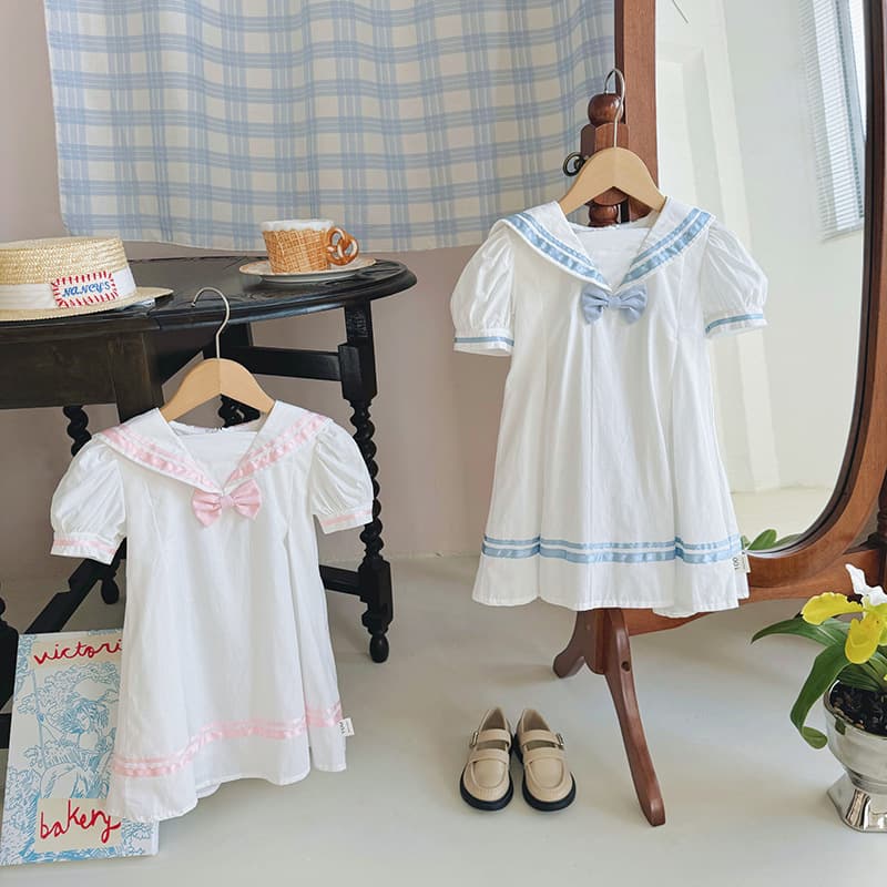 Korean children's clothing 2026 summer college navy style girls' dress lapel short-sleeved dress baby girl's dress