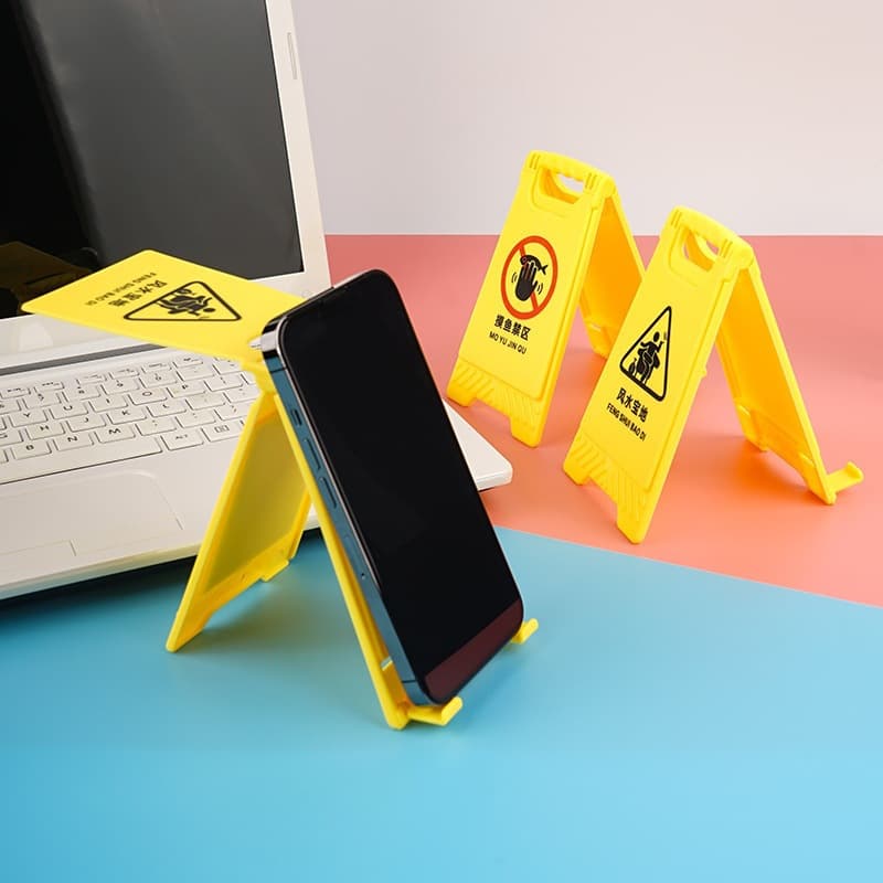 Warning Sign Creative Phone Desktop Stand with Built-in Makeup Mirror, Double-Sided Custom Logo Printing, Foldable Lazy Holder