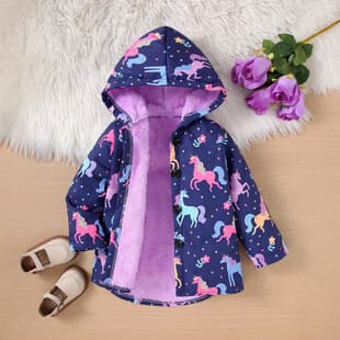 Autumn Winter Lined Warm Cold-Proof Girls' Colorful Print Hooded Jacket Casual Outdoor Mid-Length Coat