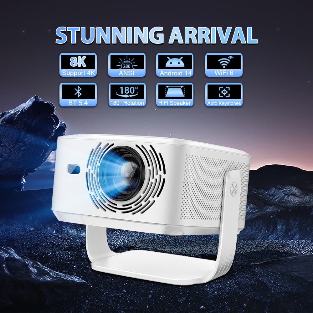 Portable Short Throw 8K Home Projector Android 14 Ultra HD Projector High Brightness Large Screen Size Family Entertainment