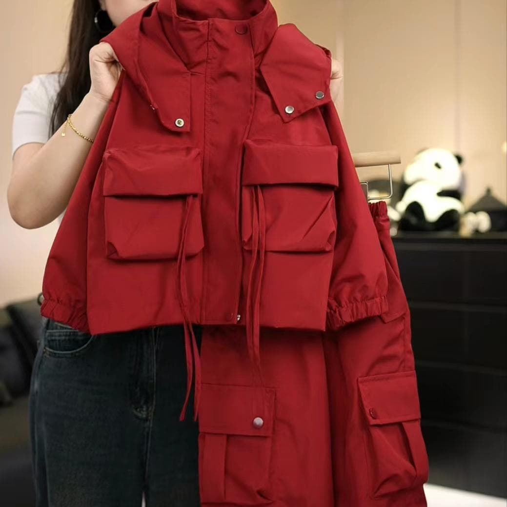 Children's Chinese New Year Outfit, Girls' Hooded Jacket, Cotton-Padded Thickened Windbreaker Two-Piece Set, Ankora Red, Versatile