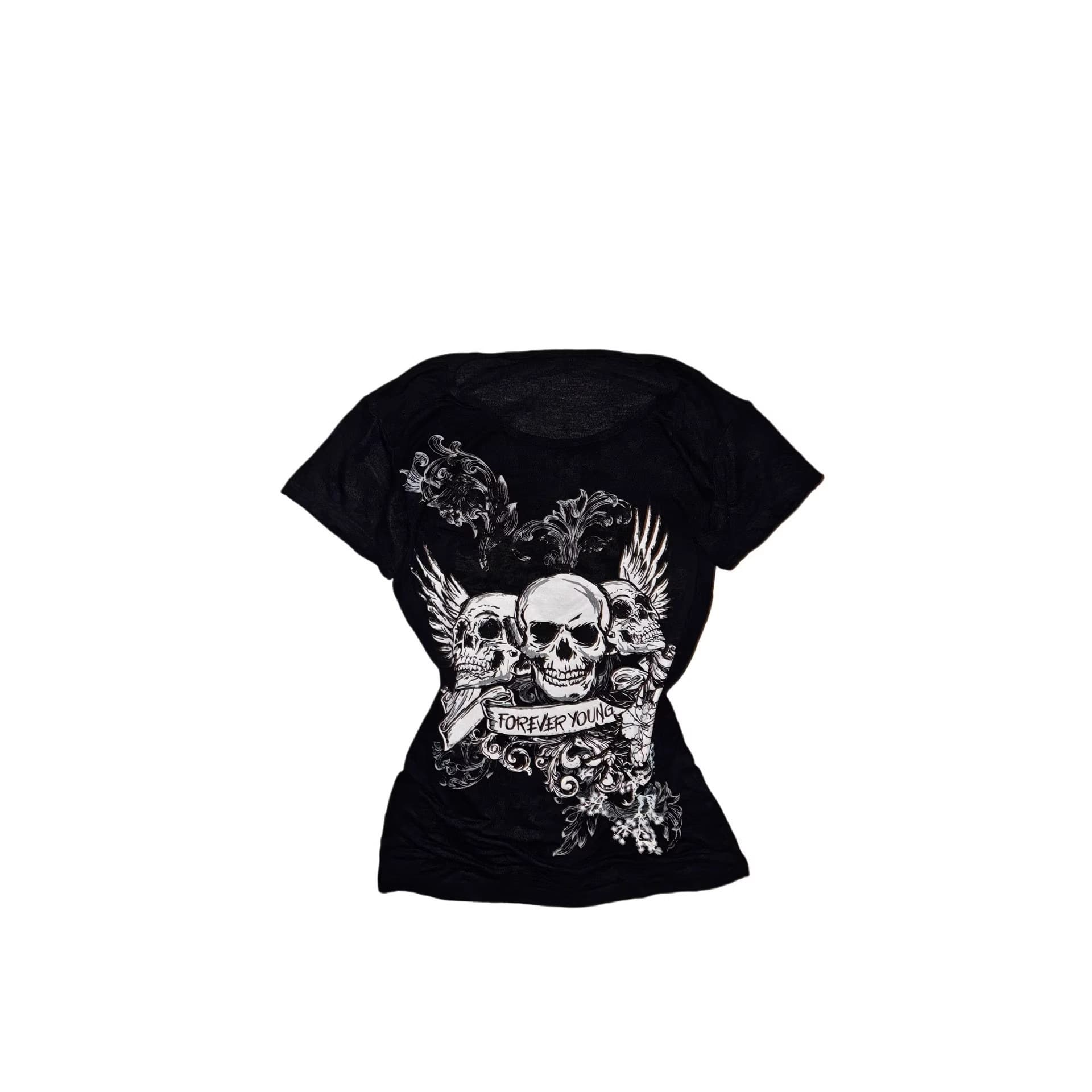 New European and American Short Sleeve T-Shirt Women Subculture Hot Girl Slim Fit Versatile Skull Print Solid Black Round Neck Sweet Cool Top