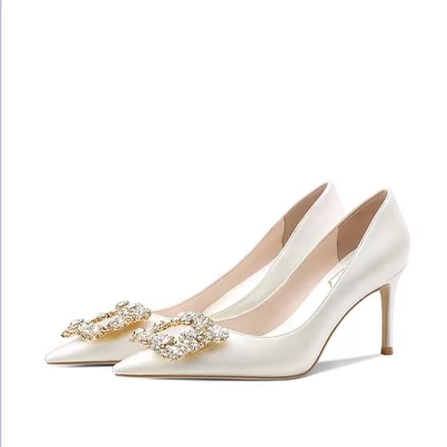 2023 Satin Wedding Shoes for Bride Bridesmaid New Non-Tiring White High Heels Women French Style