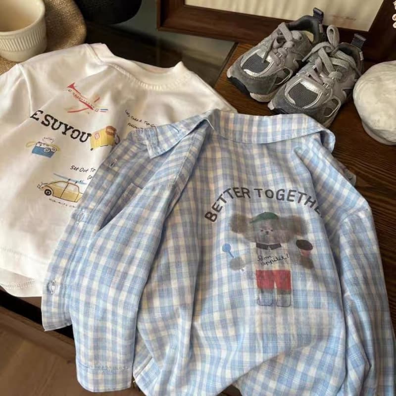 Cute and Good Temperament~ Korean Boys and Girls Light Color Check Long Sleeve Shirt Children's Cartoon Versatile Top T-Shirt Spring 2025