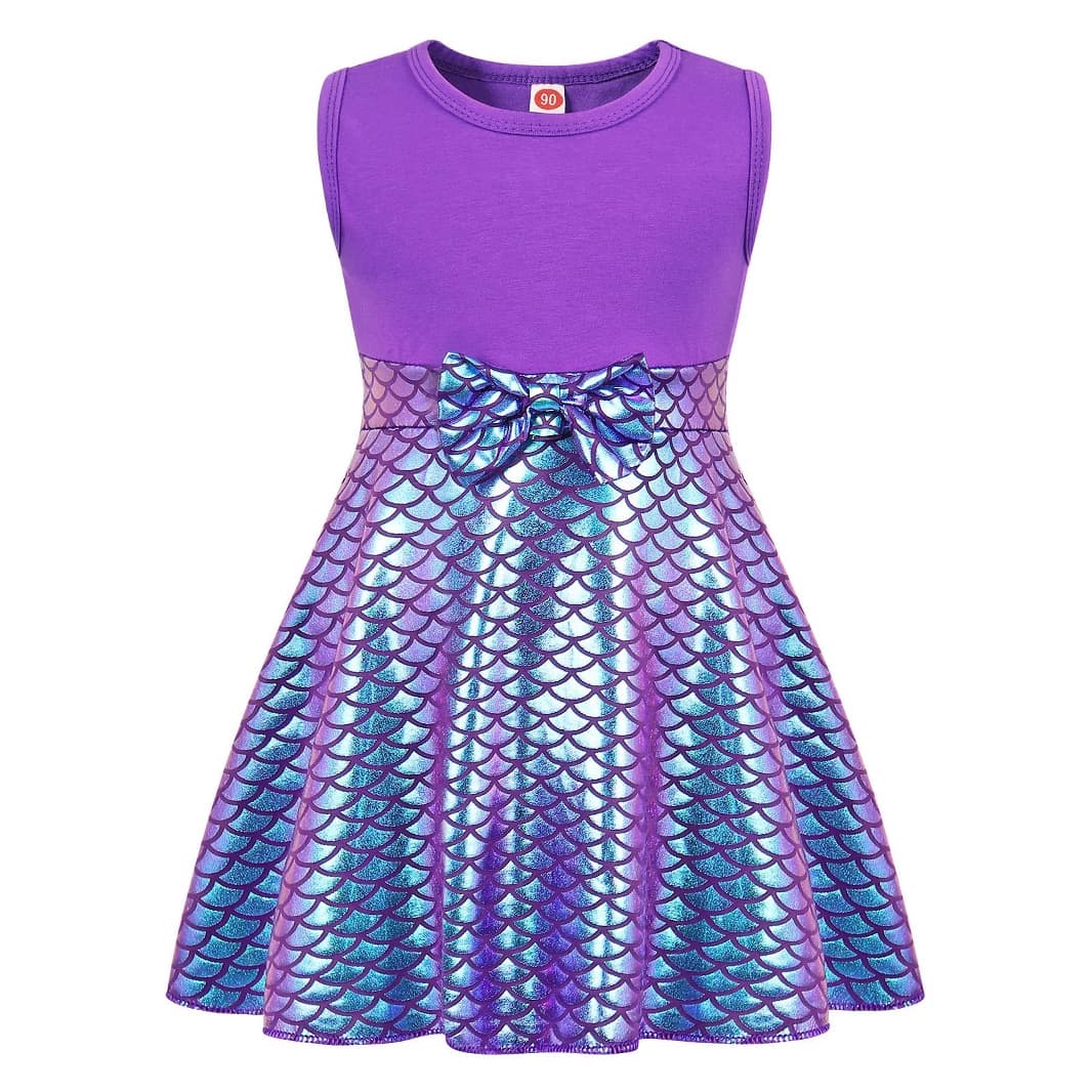 Girls Mermaid Dress Cotton Fish Scale Vest Dress Bow Tie Color Block Princess Dress Baby Girl Dress 1-6 Years
