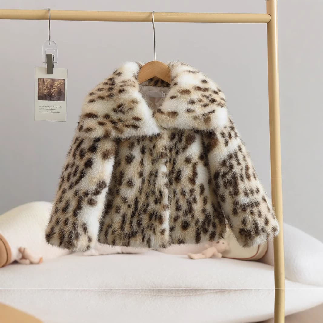 Dropshipping Little Mink Cat Leopard Print Eco-Friendly Faux Fur Lapel Children's Coat Eco-Friendly Faux Fox Fur Girls Baby Thickened