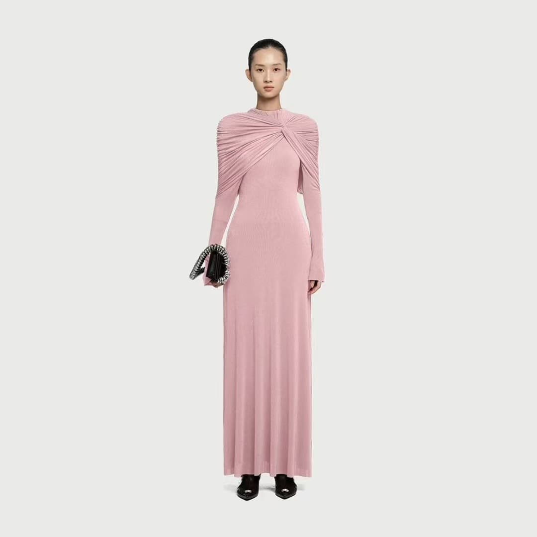 Cross-border Trade 2025 Autumn Knitted Asymmetrical Knot Dress, Socialite Style Pleated Slimming Long Dress for Women