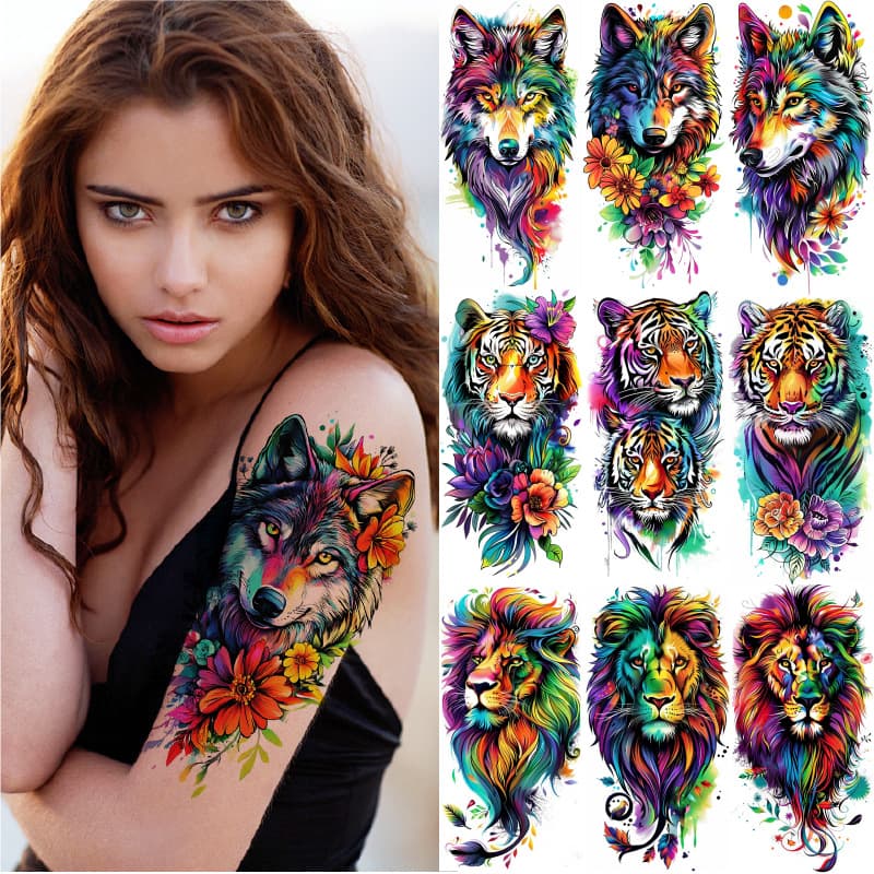 New Butterfly Tattoo Stickers, Black Sketch Flowers, Flying Dragons, Colorful Animal Water Transfer Tattoo Stickers, Exclusively Available for Cross-Border Sales