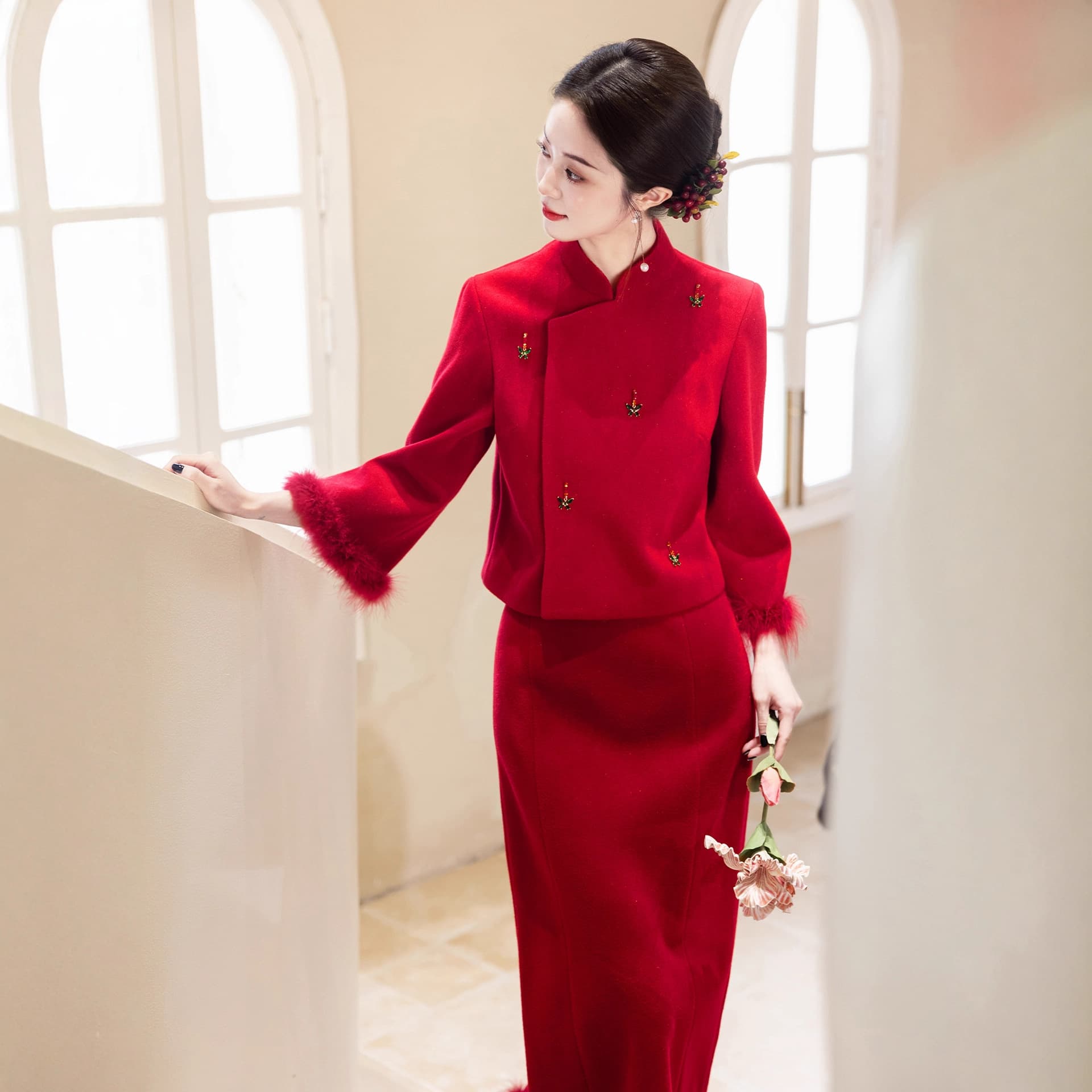 Red wool suit, new Chinese style toasting dress, 2025 new style for petite brides, wedding homecoming dress, marriage registration dress.
