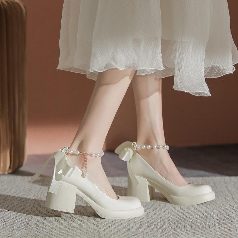 Women's High Heels 2026 New Pearl French Style Chunky Heel Non-Slip White Mary Jane Gentle Style Shallow Mouth Flats