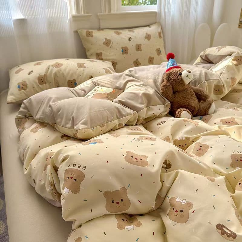 Cream Bear Bedding Set - Dormitory 3-Piece & 4-Piece Quilt Cover Set, Skin-Friendly Washed Cotton