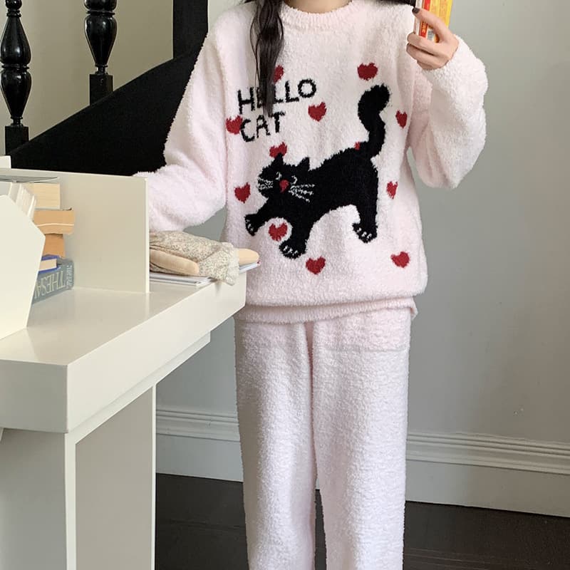 Korean style cute cat plush knitted pajamas for women winter plus velvet thickened half velvet home clothes large size suit winter